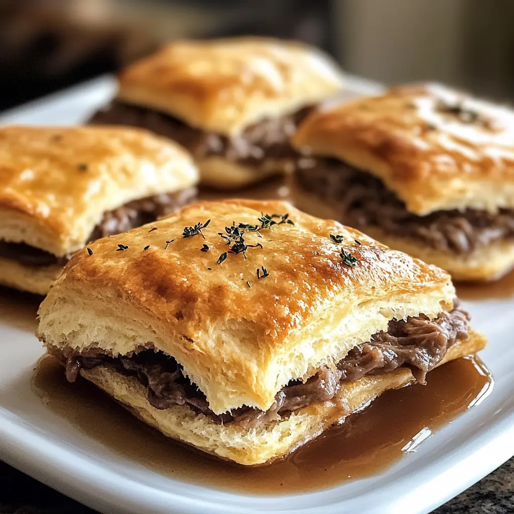 Golden baked French Dip Biscuits with melted cheese oozing out, served with small bowl of rich au jus for dipping