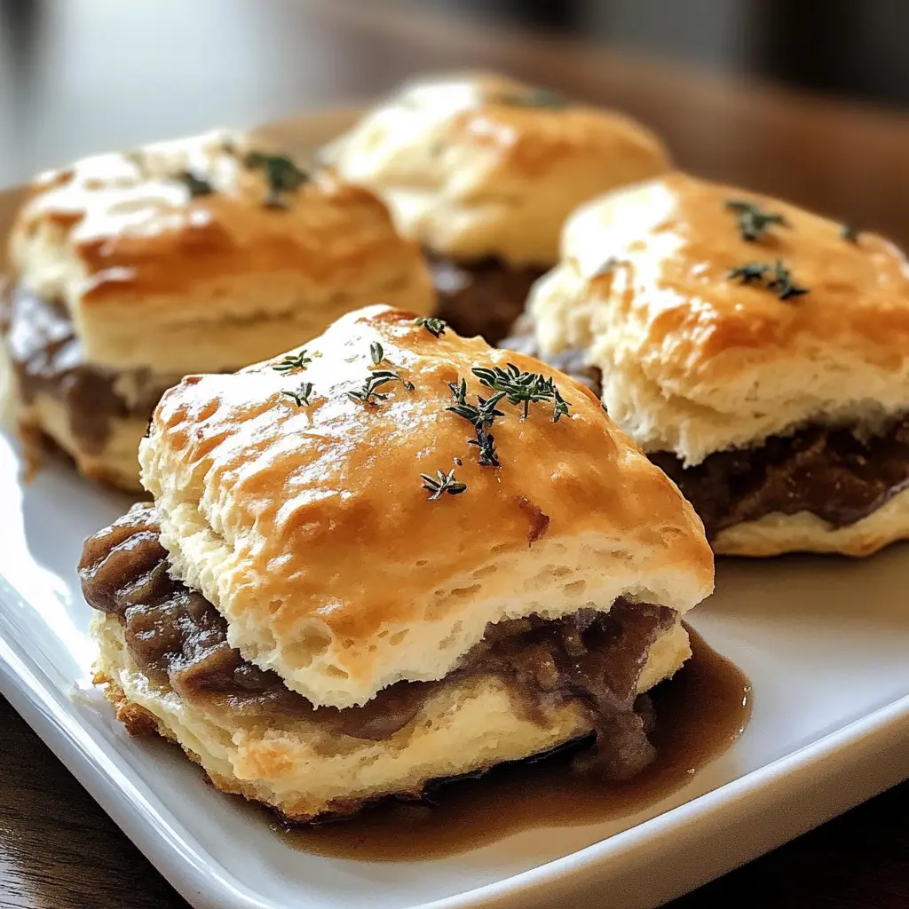 Close-up of a split French Dip Biscuit showing layered roast beef and melted cheese, being dipped into dark au jus
