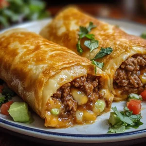 Close-up of sliced Beef and Cheese Chimichanga showing the cheesy ground beef filling with colorful toppings