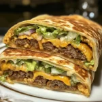 A Homemade Big Mac Wraps with seasoned beef, melted cheese, lettuce, pickles, and creamy special sauce.