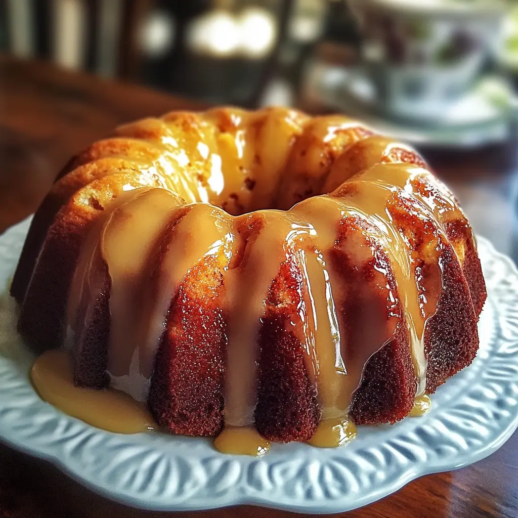 A golden-brown Breakfast Bundt Cake dusted with powdered sugar and garnished with fresh berries.