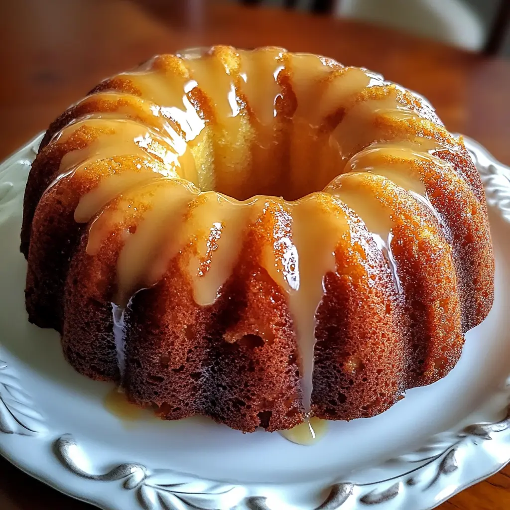 A freshly baked Breakfast Bundt Cake with a golden crust, topped with powdered sugar and berries.