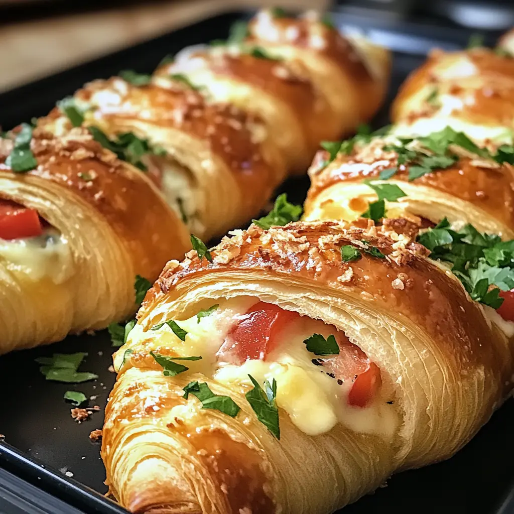 Golden Breakfast Croissant Boats filled with fluffy eggs and melted cheese, topped with chives.