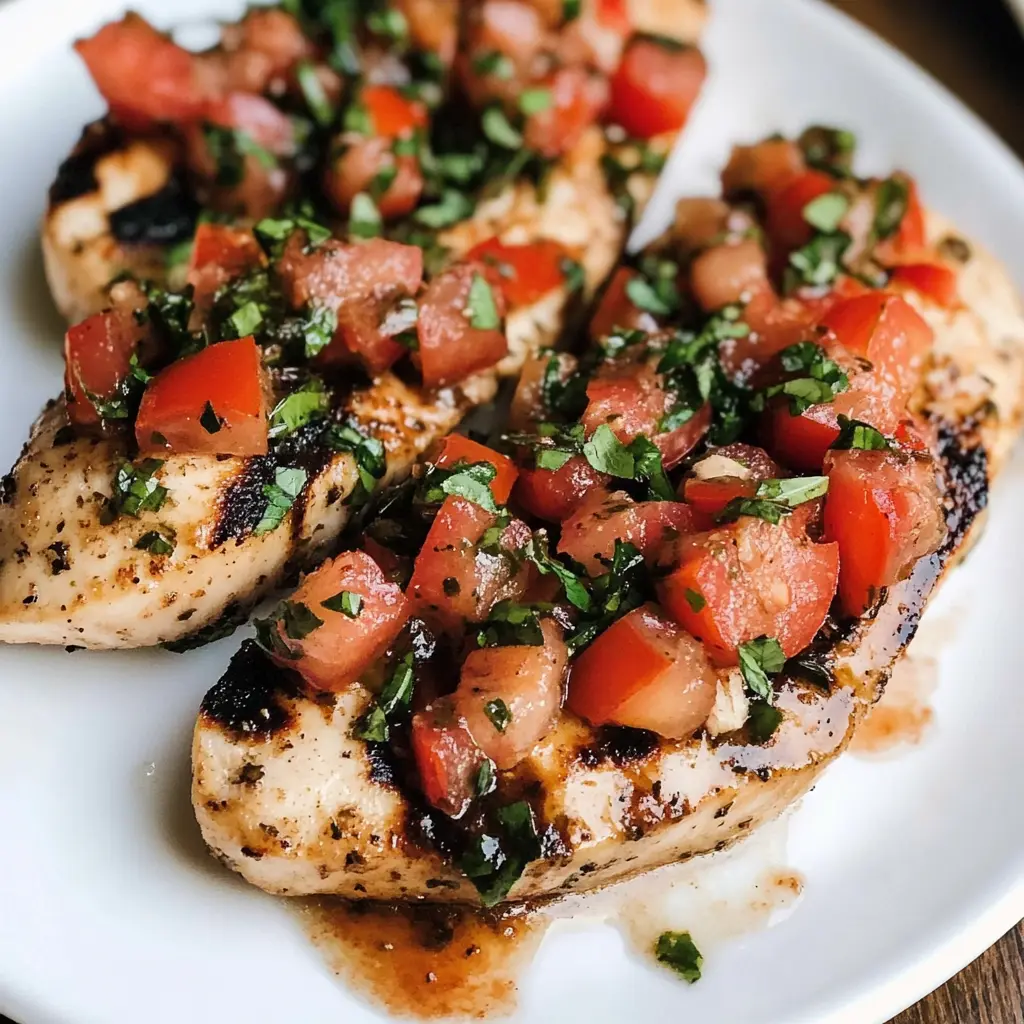 Grilled Bruschetta Chicken served with a vibrant tomato and basil topping, drizzled with balsamic glaze.
