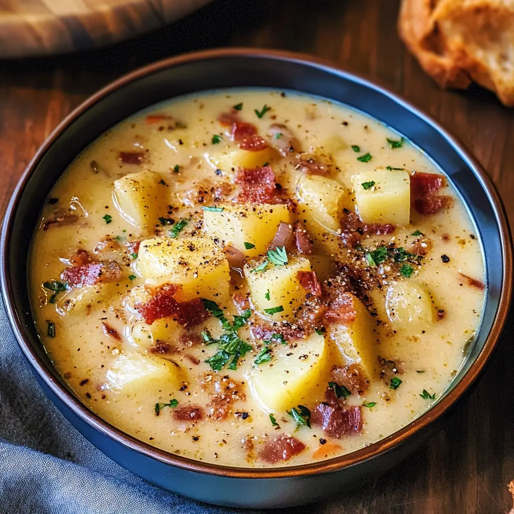 Creamy Cajun Potato Soup in a bowl, topped with green onions, cheese, and crumbled bacon.