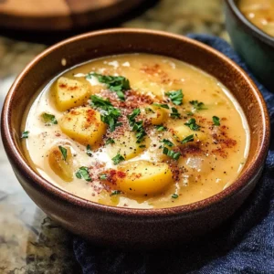 Close-up of Cajun Potato Soup with melted cheese, green onions, and a sprinkle of Cajun seasoning.