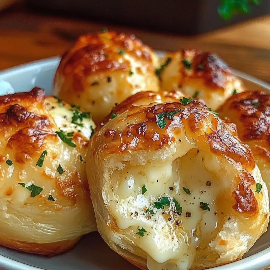 Golden-brown Cheesy Garlic Butter Bombs with melted cheese oozing out, garnished with fresh herbs.