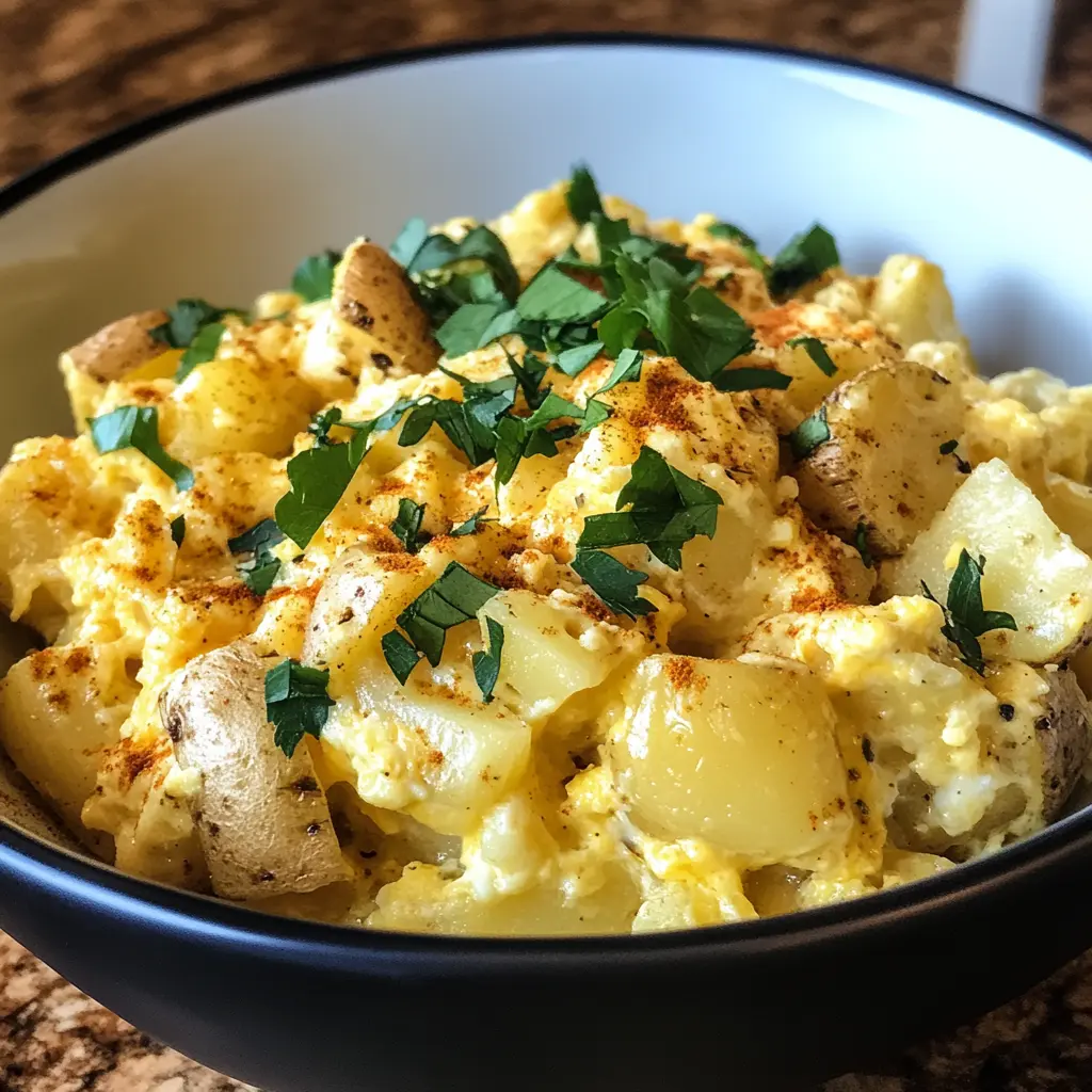 Cheesy Potatoes Egg Scramble with crispy potatoes, fluffy eggs, and melted cheese in a skillet.