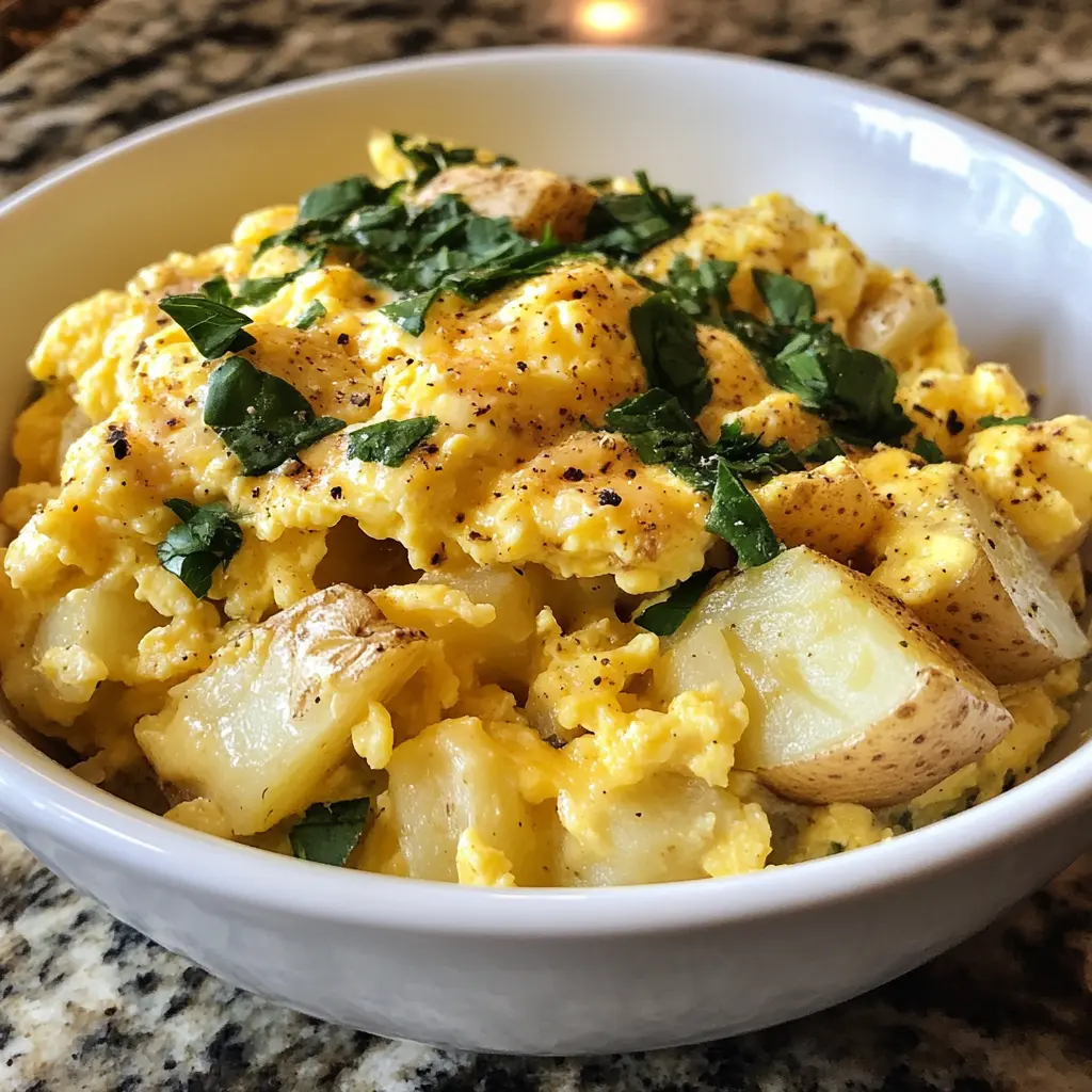 A skillet filled with Cheesy Potatoes Egg Scramble, featuring crispy potatoes, fluffy eggs, and melted cheese.