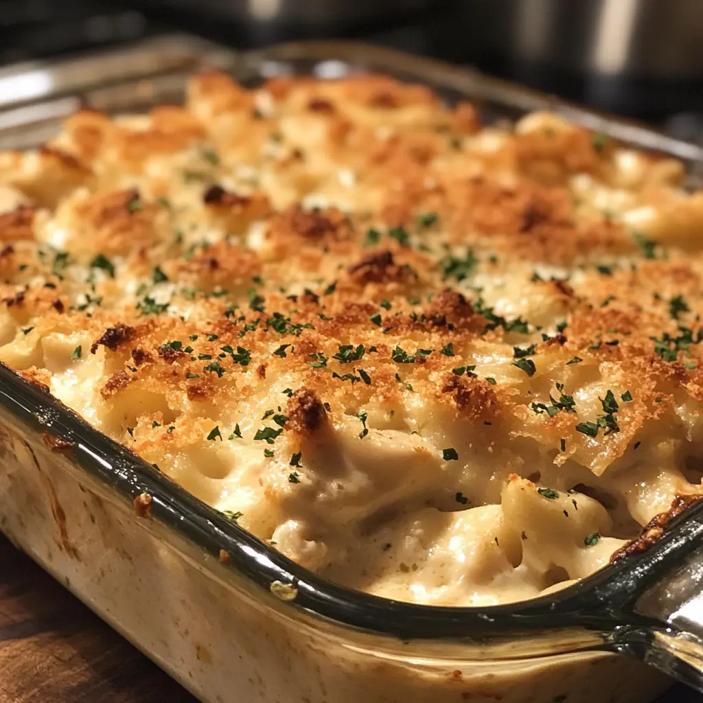 A creamy, cheesy Chicken Alfredo Casserole fresh out of the oven, topped with golden melted cheese and garnished with parsley.