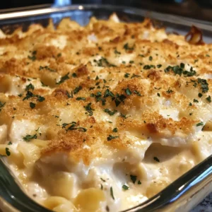A hearty serving of Chicken Alfredo Casserole on a plate, with layers of pasta, creamy Alfredo sauce, and tender chicken.