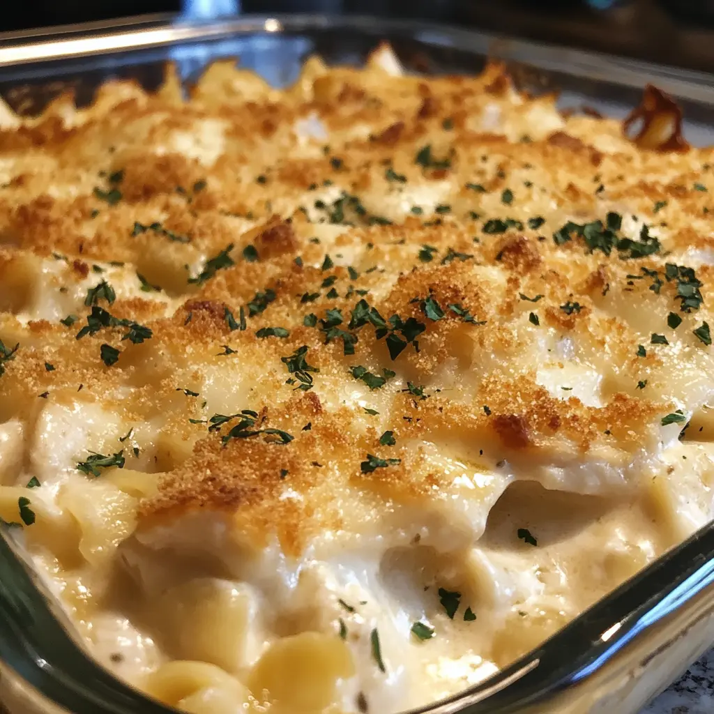 A hearty serving of Chicken Alfredo Casserole on a plate, with layers of pasta, creamy Alfredo sauce, and tender chicken.