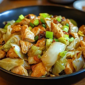 A bowl of freshly made Chinese Chicken Cabbage Stir Fry garnished with sesame seeds and green onions.