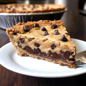 A close-up of a rich and gooey Chocolate Chip Cookie Pie slice, filled with melty chocolate chips and a buttery crust.