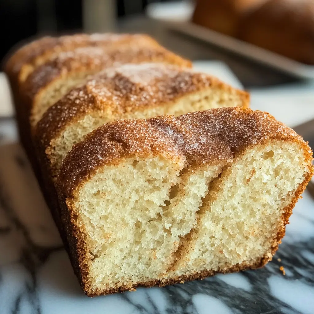 Golden Cinnamon Sugar Donut Sweet Bread with crispy sugar crust on a wooden cutting board