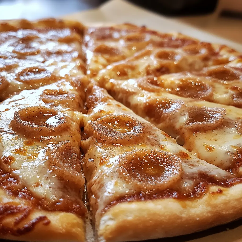 A golden Cinnamon Sugar Pizza topped with cinnamon-sugar and a sweet vanilla glaze.