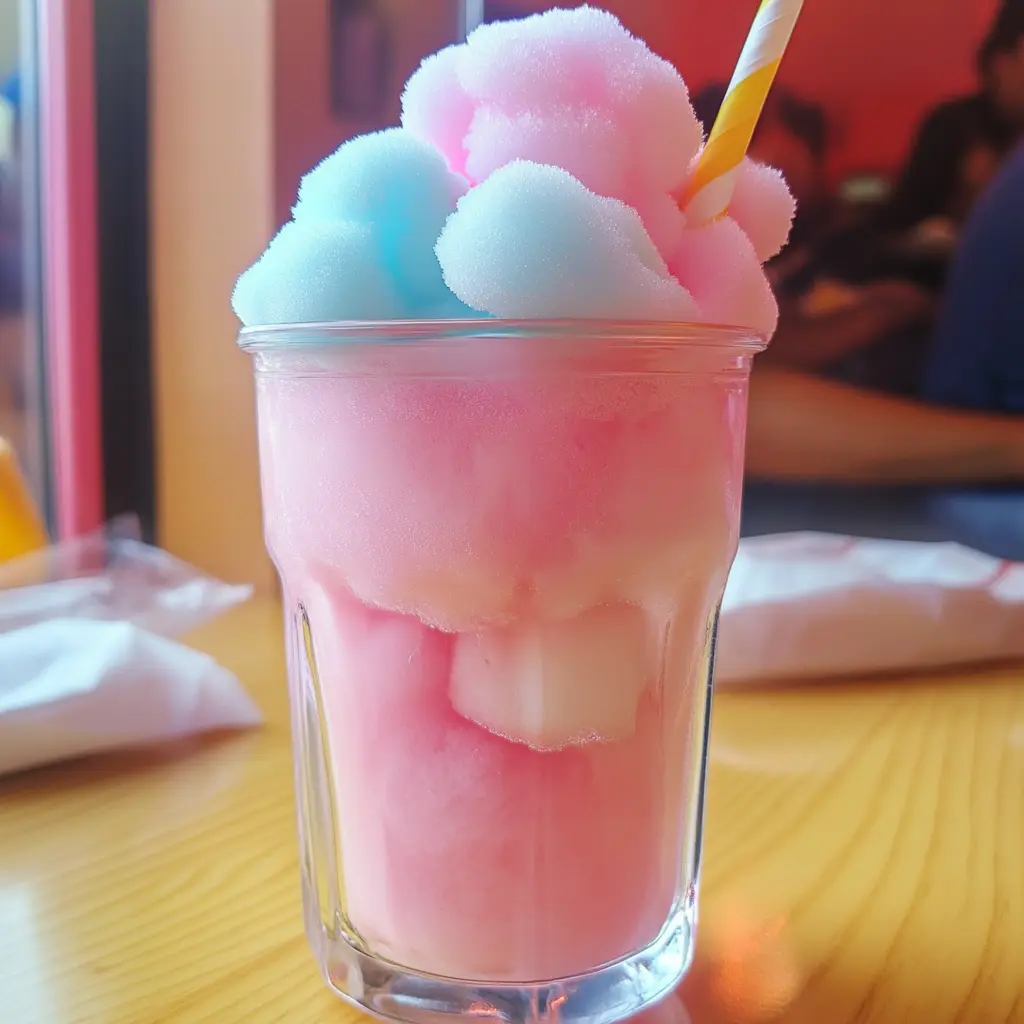 Colorful Cotton Candy Lemonade in a glass with melting cotton candy and a lemon slice garnish.