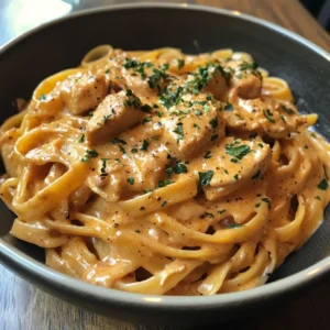 Close-up of Cowboy Butter Chicken Linguine, showcasing creamy sauce-coated pasta and juicy chicken slices.