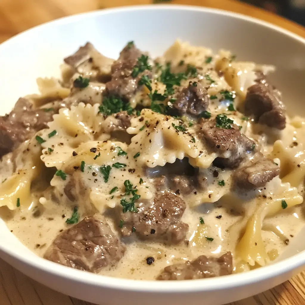 Creamy Beef and Bowtie Pasta in a white bowl with melted cheese, fresh parsley garnish, and a fork ready to dig in