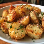 A plate of crispy garlic parmesean crusted potatoes, golden brown with a crunchy cheese crust, garnished with fresh parsley and served with a dipping sauce.