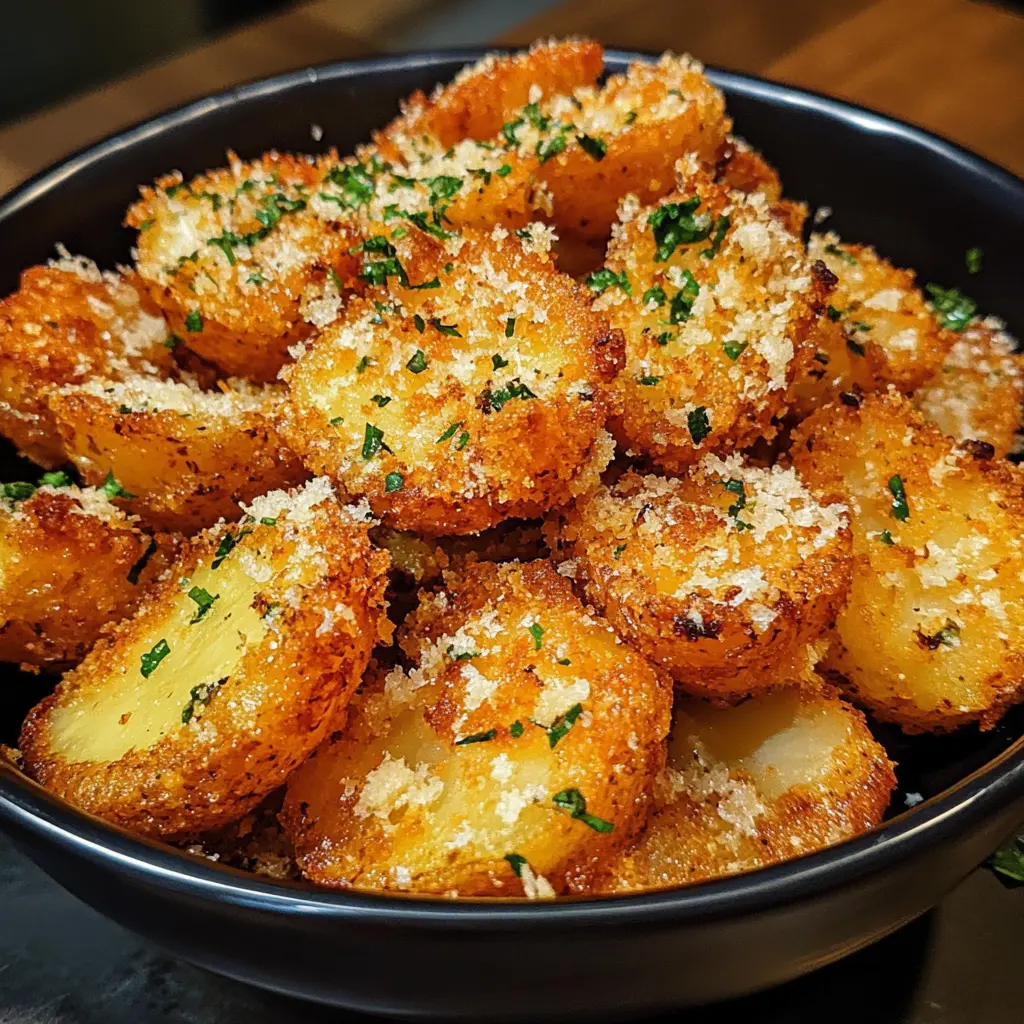 Golden, crispy garlic parmesean crusted potatoes with a crunchy cheese layer, garnished with fresh parsley.