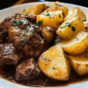 Slow-cooked steak and potatoes covered in a creamy, seasoned gravy with a sprinkle of fresh herbs for the perfect cozy meal.