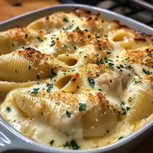 Close-up of Garlic Butter Chicken Alfredo Stuffed Shells with gooey cheese and rich Alfredo sauce.