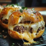 Close-up of warm Garlic Parmesan Cheeseburger Bombs on a baking sheet, ready to devour.