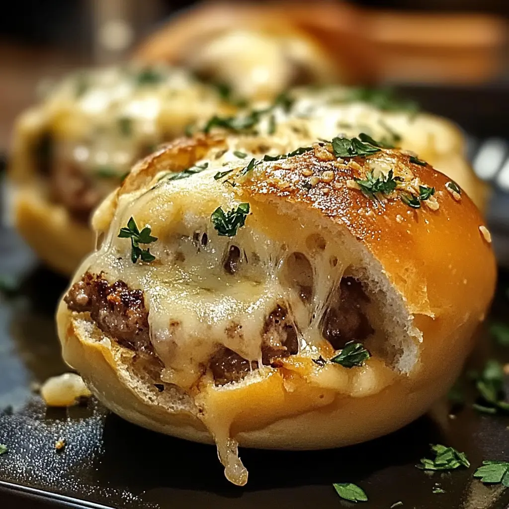 Golden, crispy Garlic Parmesan Cheeseburger Bombs oozing with melted cheese and sprinkled with parsley.