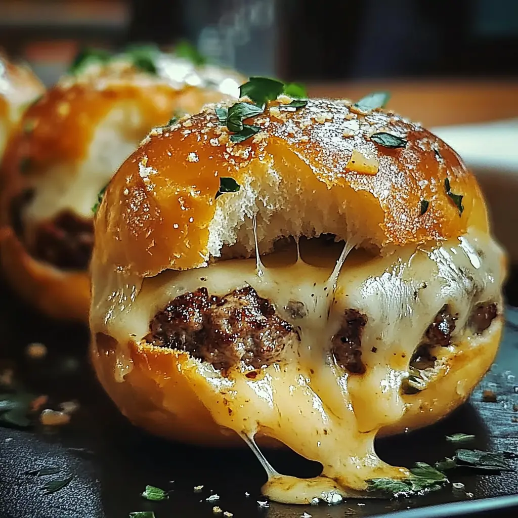 Close-up of warm Garlic Parmesan Cheeseburger Bombs on a baking sheet, ready to devour.