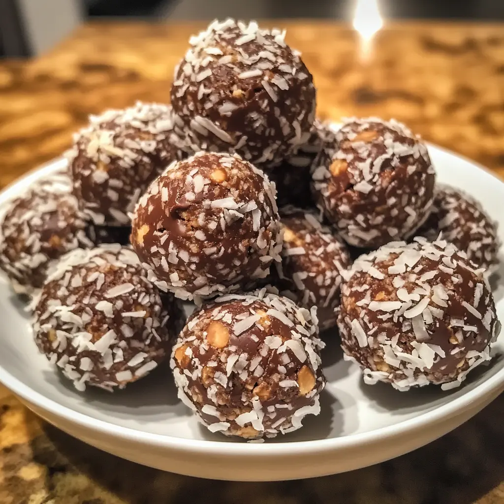 Decadent chocolate coconut graham balls rolled in shredded coconut on a white plate