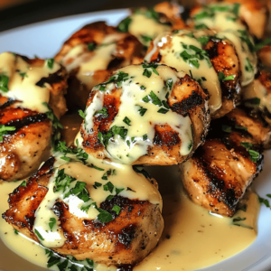Close-up of golden-brown Grilled Chicken Bites being dipped into a bowl of creamy garlic sauce