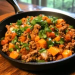 A cast-iron skillet with a freshly cooked ground turkey sweet potato bake, featuring caramelized sweet potatoes, browned turkey, and fresh herbs.