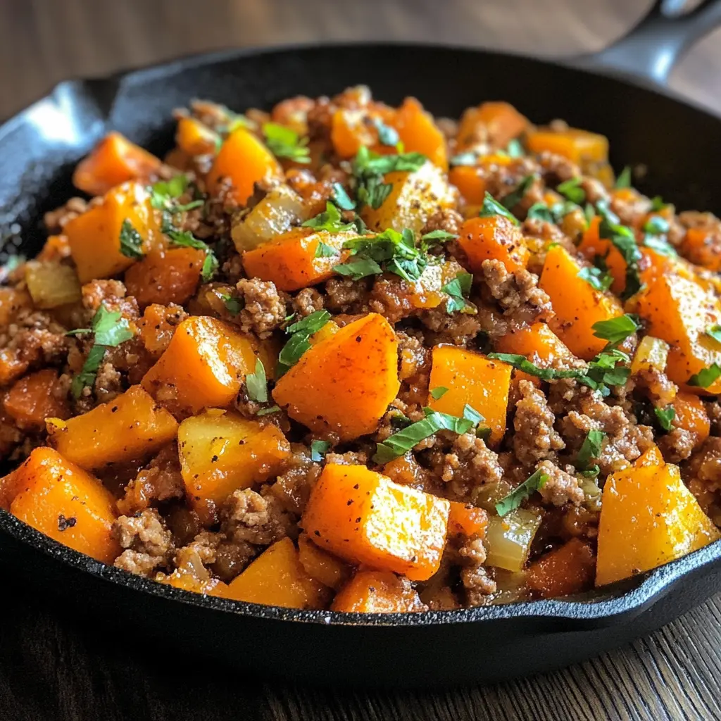 A skillet filled with ground turkey sweet potato bake, featuring golden sweet potatoes, browned turkey, and colorful bell peppers, garnished with fresh parsley.