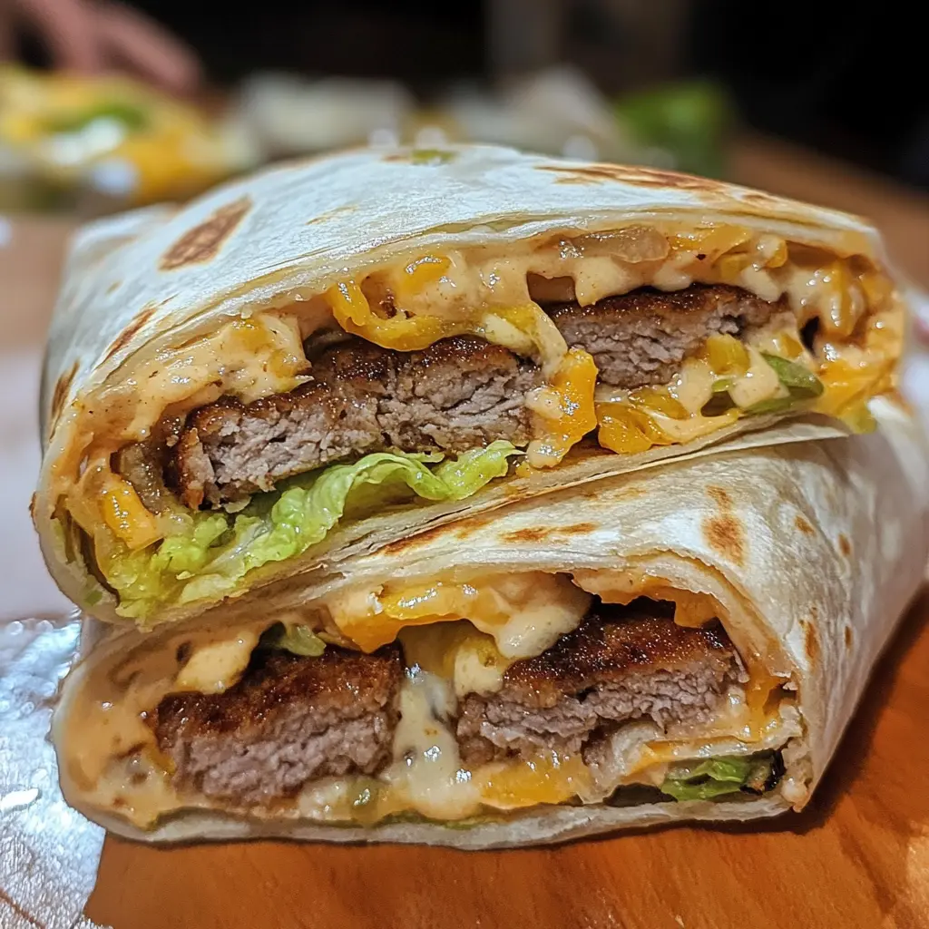  Homemade Big Mac wraps filled with seasoned beef, melted cheese, lettuce, pickles, and special sauce in a toasted tortilla.