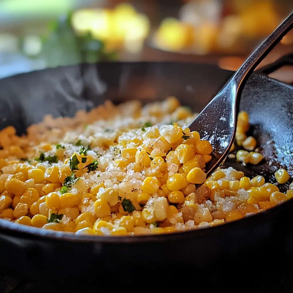 A close-up of Honey Butter Skillet Corn with golden corn kernels, creamy butter, and crumbled cheese, garnished with fresh herbs.