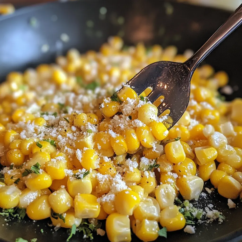 A forkful of Honey Butter Skillet Corn coated in melted butter, honey, and cheese, served in a black skillet.
