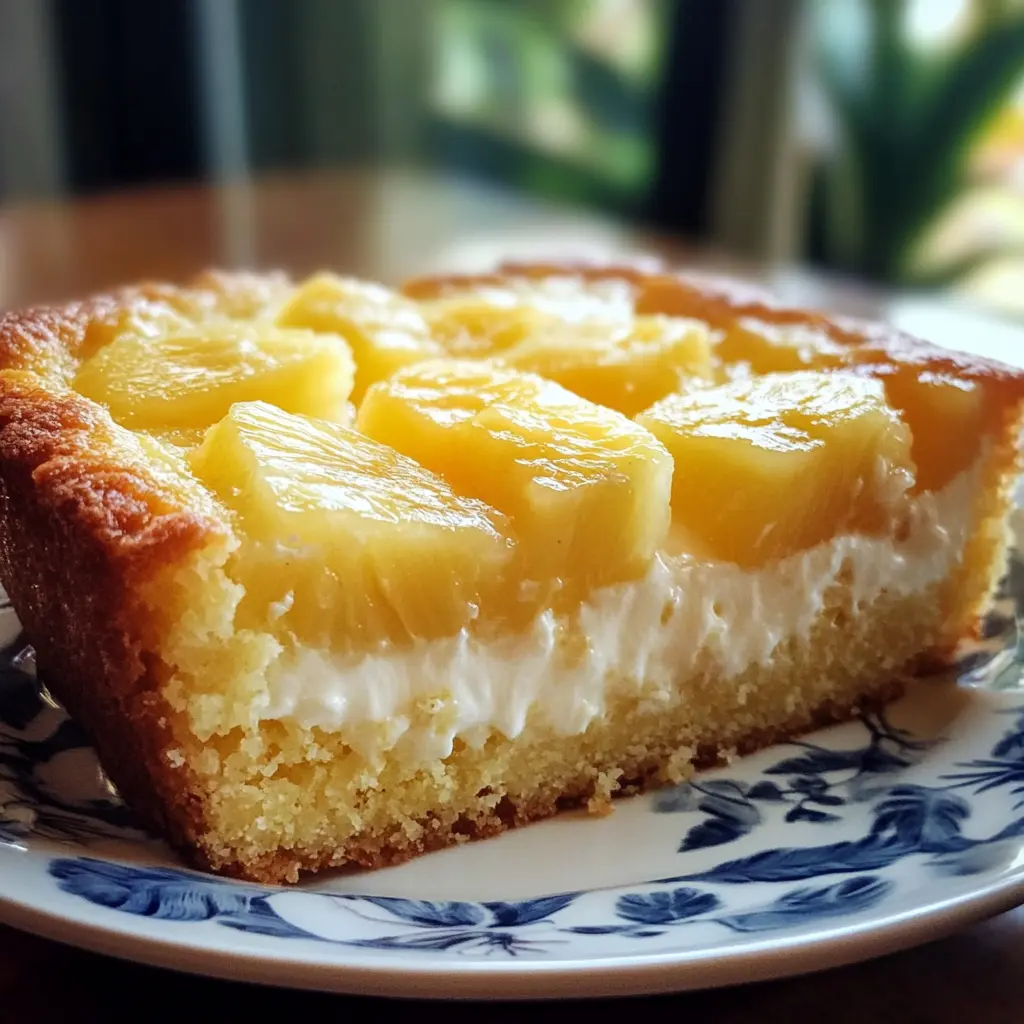 A moist Pineapple Heaven Cake topped with creamy frosting, shredded coconut, and maraschino cherries