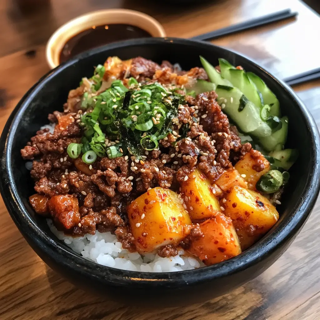 A delicious Korean Ground Beef Bowl with tender beef, white rice, sesame seeds, and fresh green onions.