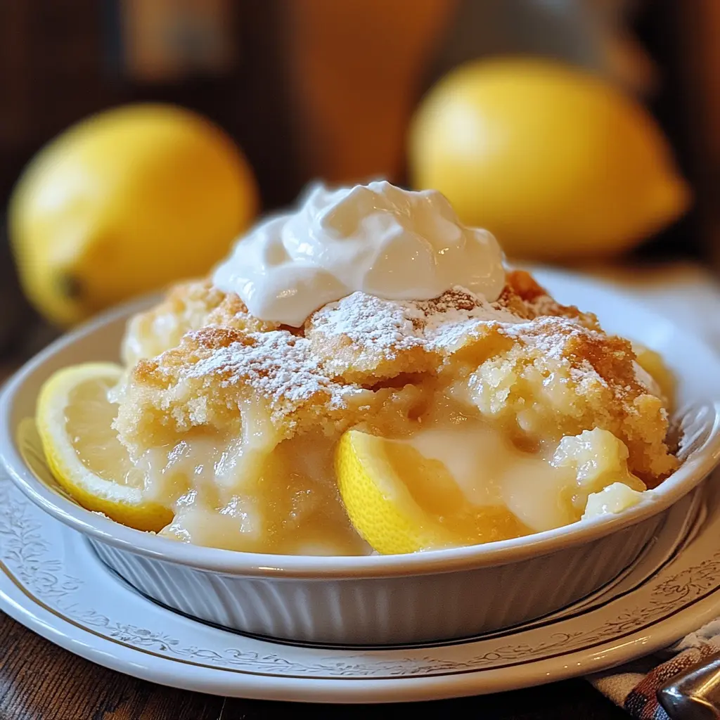 Golden-brown Lemon Cobbler with a gooey, tangy lemon filling, topped with a crispy crust and served with a scoop of vanilla ice cream.