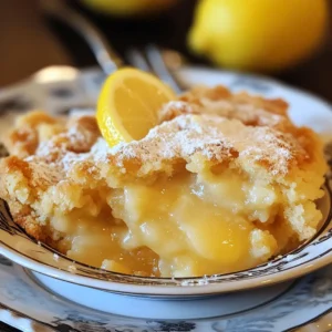 Freshly baked Lemon Cobbler in a skillet, topped with powdered sugar and garnished with lemon slices for a vibrant, citrusy finish.