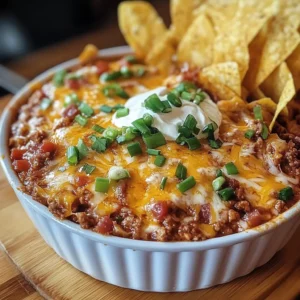 A close-up of Meaty Texas Trash Dip in a skillet, served with crispy tortilla chips.