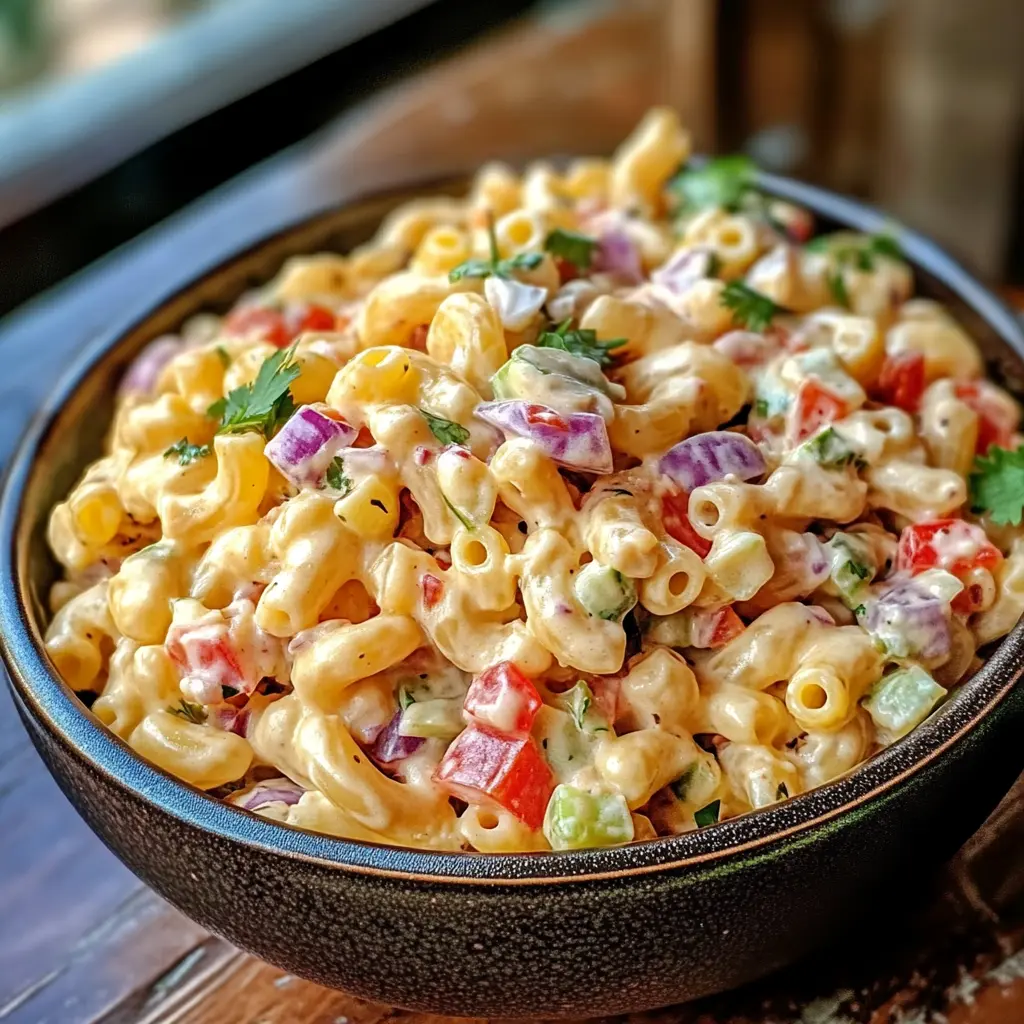 A bowl of Mexican Macaroni Salad with creamy dressing, fresh vegetables, and herbs, perfect for a flavorful side dish.