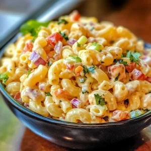 Close-up of Mexican Macaroni Salad with colorful veggies, pasta, and a creamy dressing, garnished with fresh herbs.