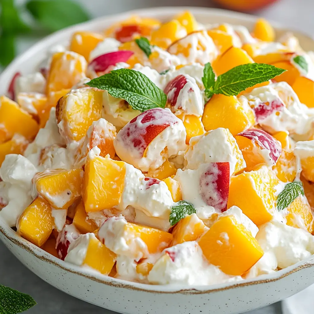 Vibrant peach salad with sliced peaches, arugula, feta cheese and pecans in a white bowl