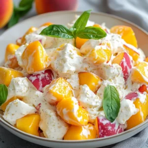 Hands tossing peach salad ingredients with wooden tongs