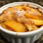 Freshly baked Mini Peach Cobbler with a golden crust, topped with a scoop of vanilla ice cream.