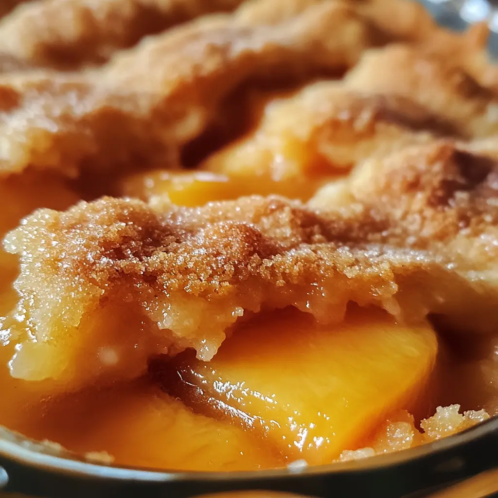 Golden-brown Mini Peach Cobbler in a ramekin, topped with vanilla ice cream and a dusting of cinnamon.