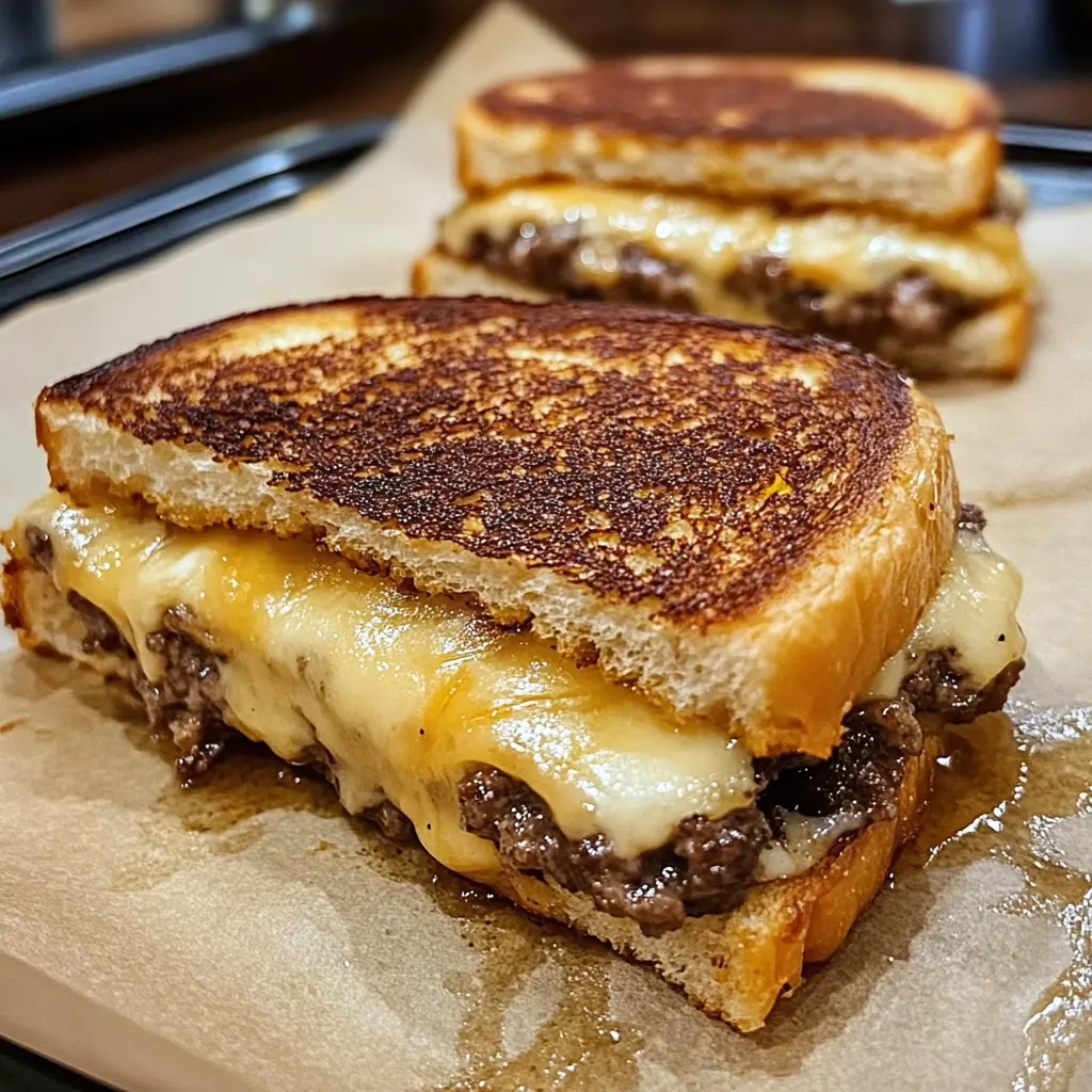 Golden, grilled Patty Melts with Secret Sauce oozing with melted cheese and caramelized onions on toasted rye bread.