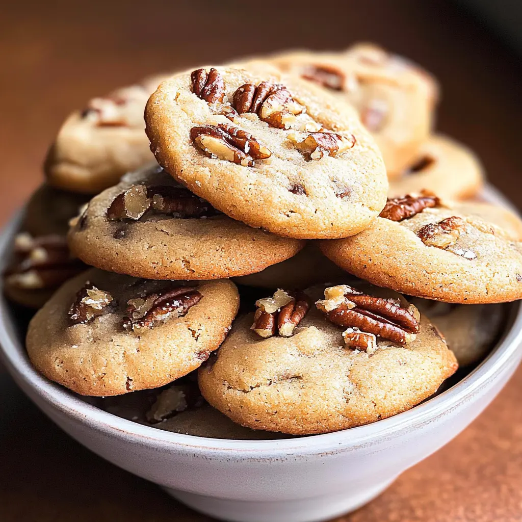 Freshly baked Pecan Sandies stacked on a plate, showcasing their golden-brown, buttery texture with crunchy pecans.
